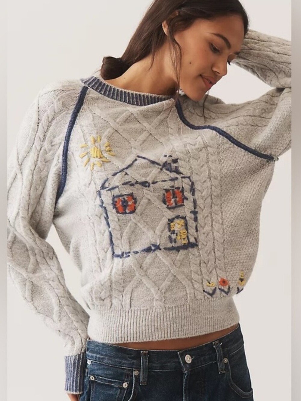 NEW Anthropologie Pilcro Cable-Knit Embroidered Stitch Cozy Home Sweater Size M